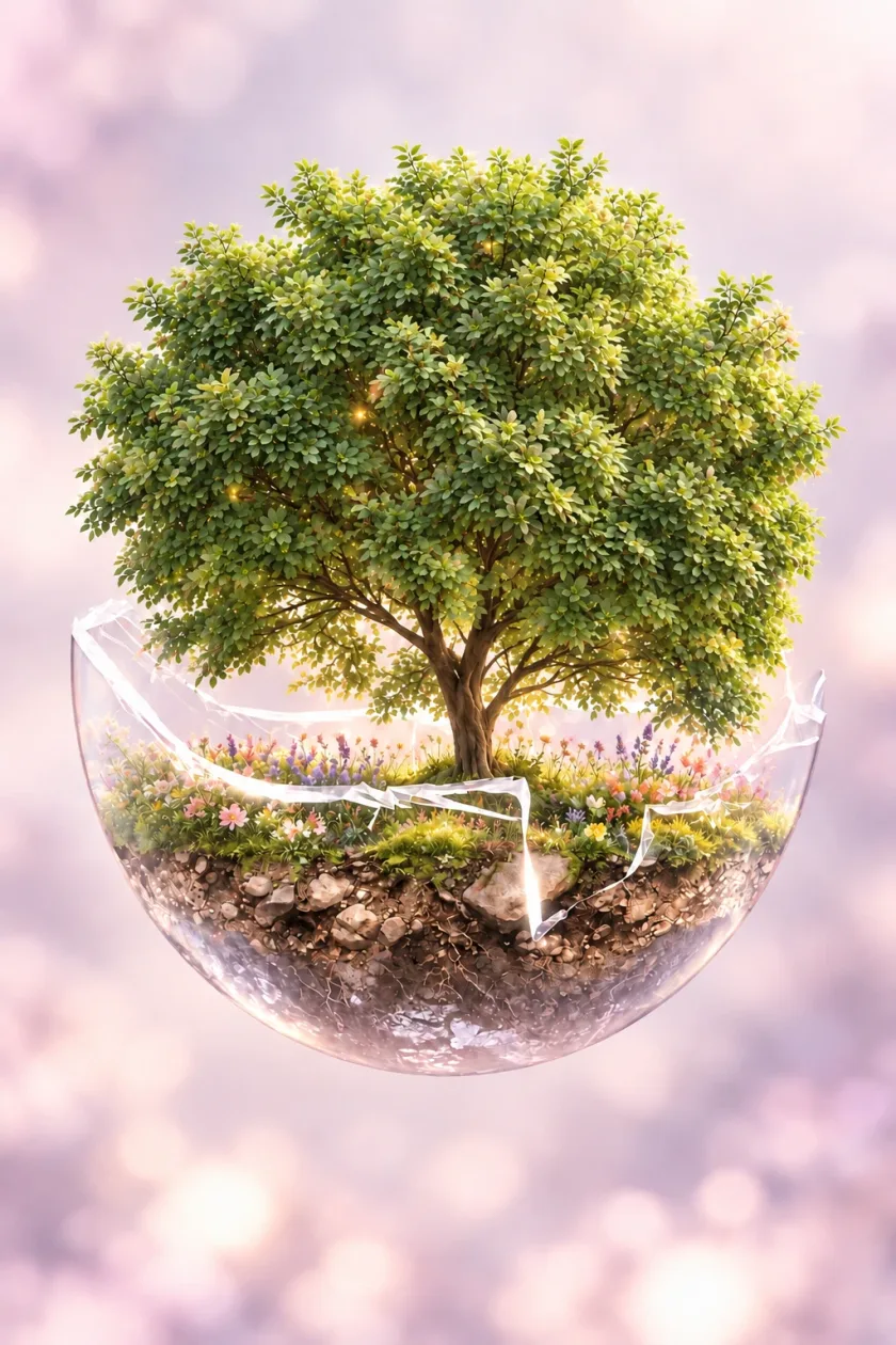Arbre en pleine santé poussant dans une sphère de verre qui s'ouvre, image de la libération intérieure permise par l'hypnose ericksonienne