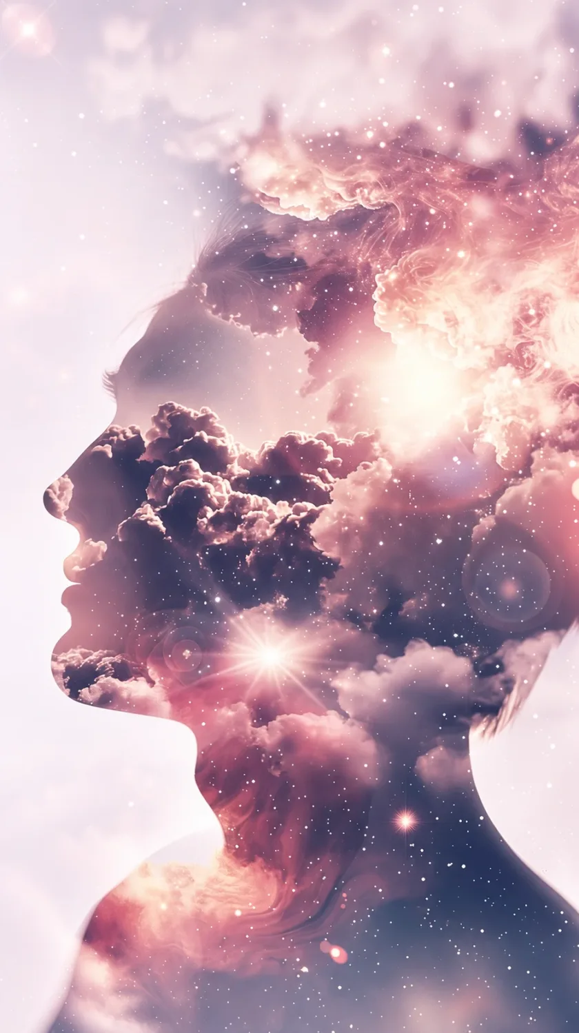 Profil de visage se fondant dans un ciel étoilé et nuageux, image de l'exploration du surconscient en hypnose spirituelle et QHHT